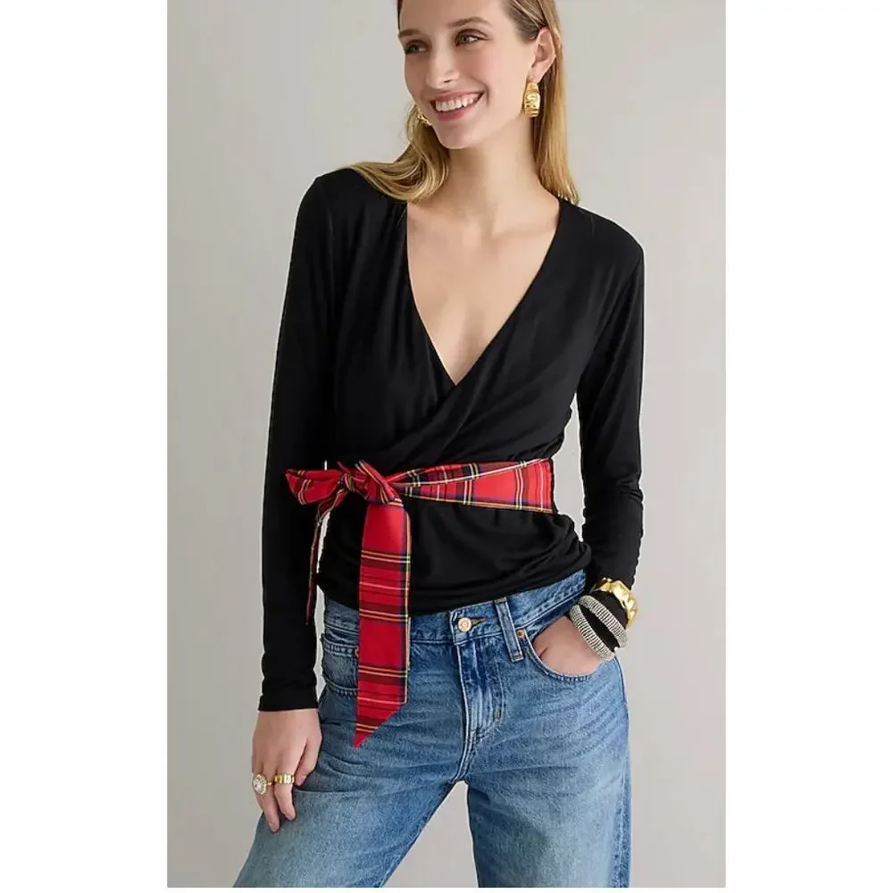 J. Crew Form Knit‎ Long Sleeve Wrap Top Black with Plaid Waist Tie XS Holiday